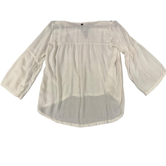 Billabong Shirt Womens Medium White Blue Embroidered Boho Peasant Tassel Tunic - Picture 10 of 12